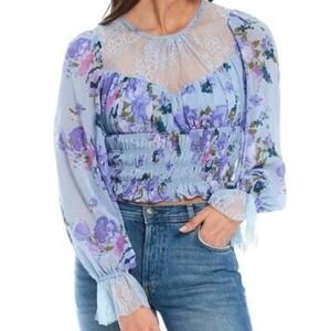 Free People Daphne Blouse Cropped Long Sleeve Purple Blue Size Medium‎